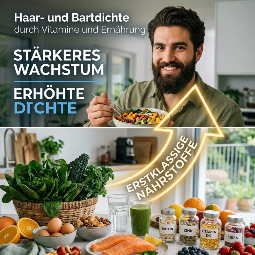 Haar- und Bartdichte von innen: Vitamine, Zink, Biotin, Kollagen und Ernährung